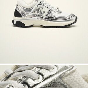 CHANEL Women's Metallic Silver and White Sneakers AUTHENTIC